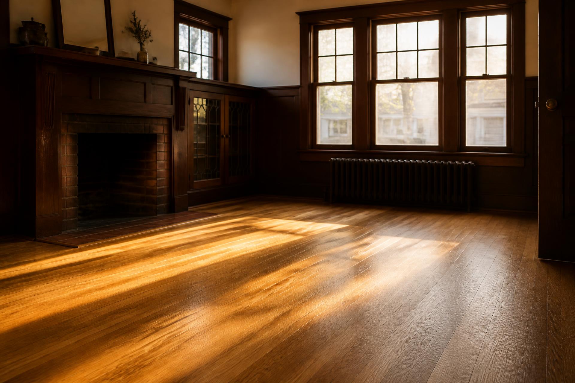 Freshly refinished oak floor in a sunlit Chicopee living room